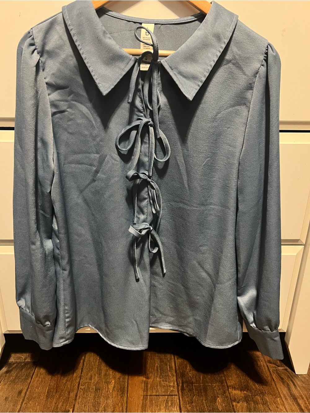 Amazon Women's Dusty Blue Tie-Front Blouse with Peter Pan Collar